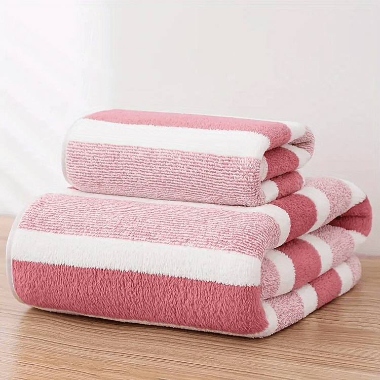 2pcs Striped Pattern Towel Set, Soft Hand Towel Bath Towel, Quick Drying Absorbent Towels For Bathroom, 1 Bath Towel & 1 Towel, Bathroom Supplies, Bathroom Accessories