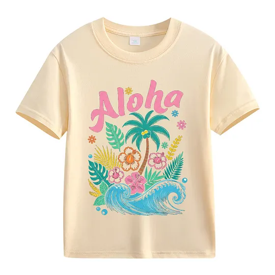 【2Y-13Y】Kids' “Aloha” Fresh Tropical & Hawaiian Style Cartoon Print T-Shirt