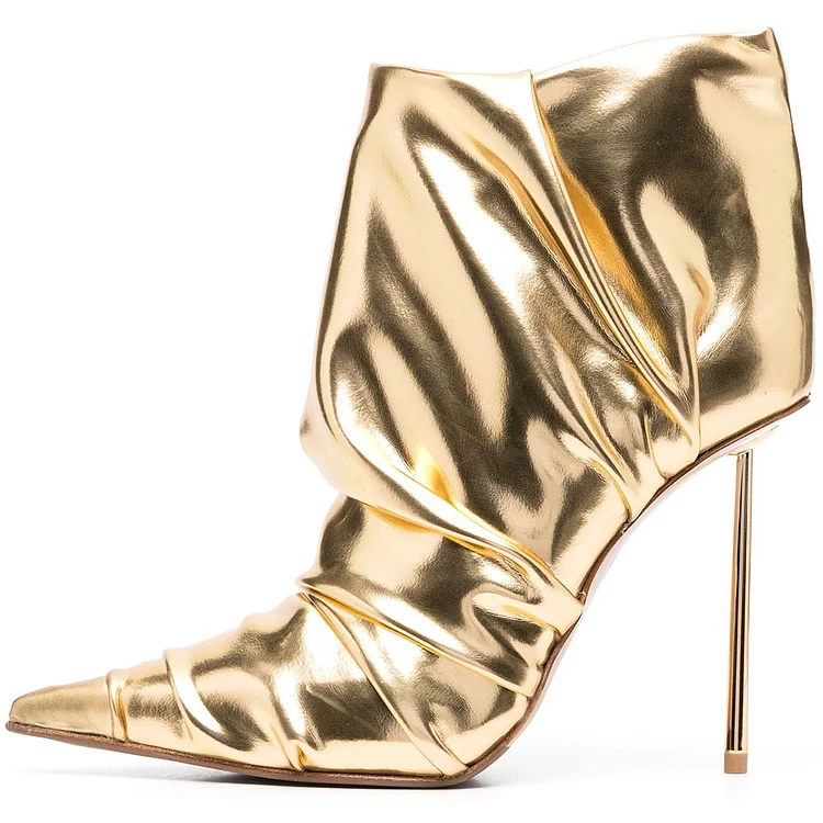 Stylish Metallic Gold Pointy Toe Stiletto Heel Pleated Ankle Boots |FSJ Shoes