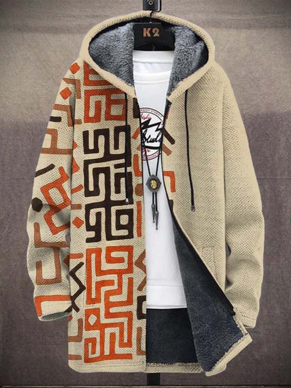 Men's African Traditional Patterns Print Fleece Lined Hooded Trench Coat