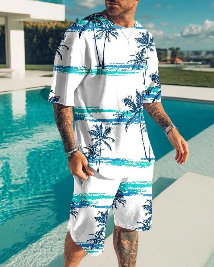 Men's Clothing summer new foreign trade cross-border beach style 3D printed men's suit short-sleeved casual two-piece set_ ecoleips_old