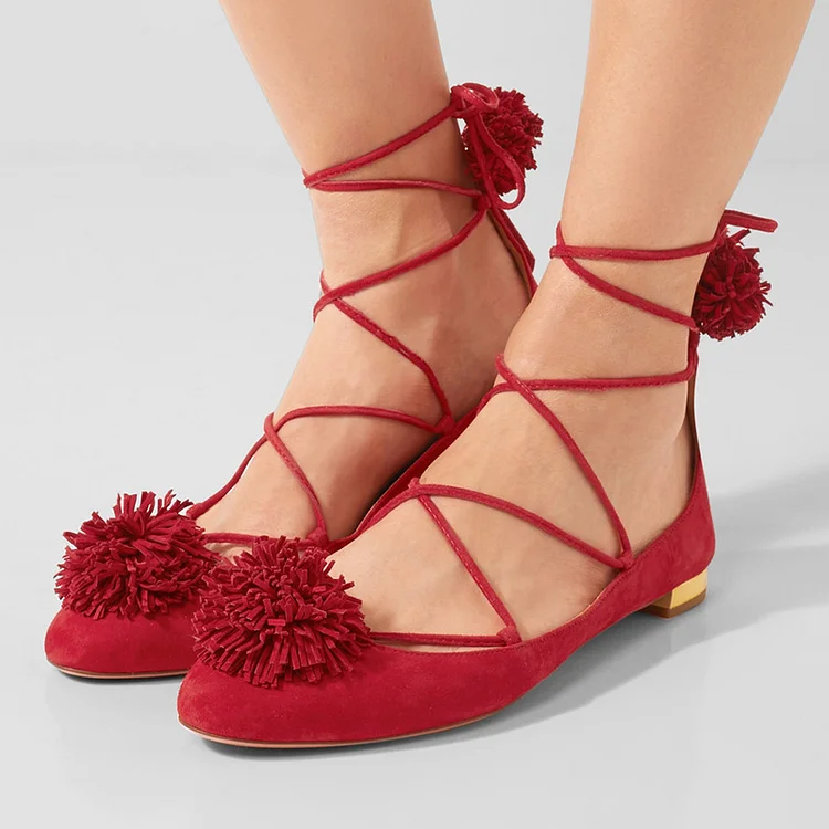 Women's Red Vegan Suede Casual Strappy Flats with Fringe Pom |FSJ Shoes