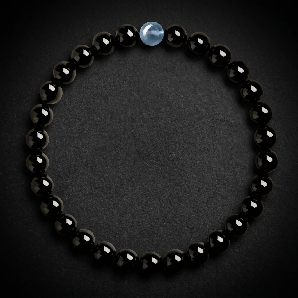 Celestial Harmony: Natural Obsidian & Aquamarine Wealth-Attracting Bracelet 6mm Classic Obsidian & Aquamarine