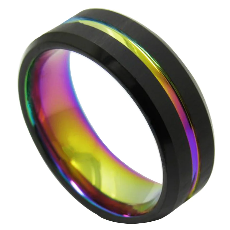 Custom 8MM Women Or Men Tungsten Carbide Wedding Bands Rings,Grooved Rainbow Anodized Black Ring With Colorful Inside