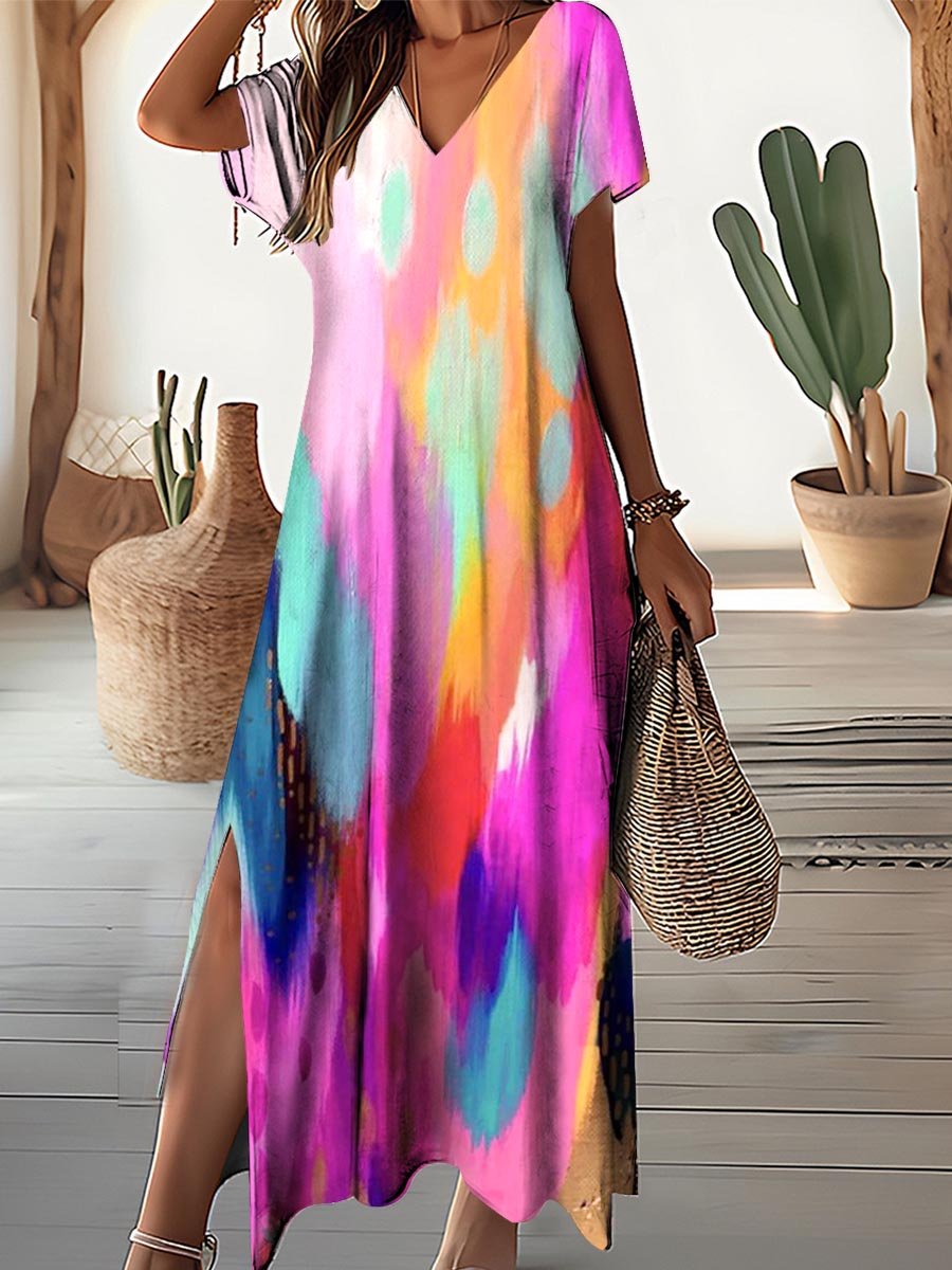 Women's Color Art Inkjet Seaside Resort V-neck Dress