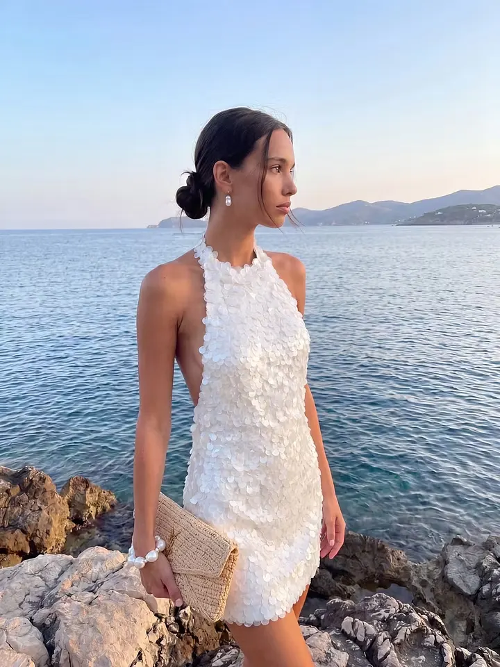 beach homecoming dress Exquisite White Backless Halter Sequins Sheath Mini SD0073 White