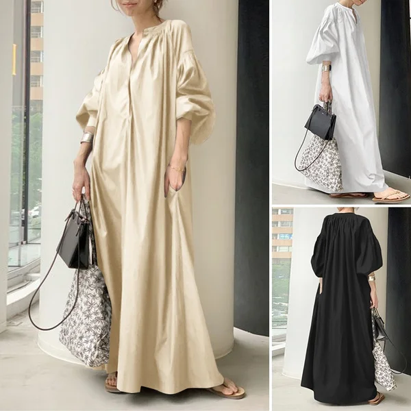 Women Solid Casual Baggy Elegant Long Shirt Dress Mandarin Collar Puff Sleeve Holiday Maxi Sundress
