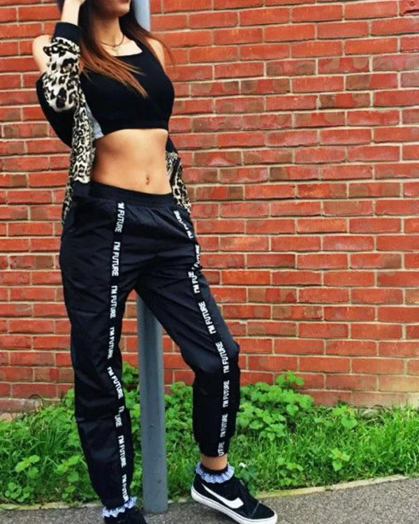 webbing patchwork letter casual loose pants p116652