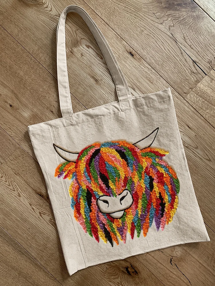 VChics Colorful Highland Cow Embroidery Art Tote Bag
