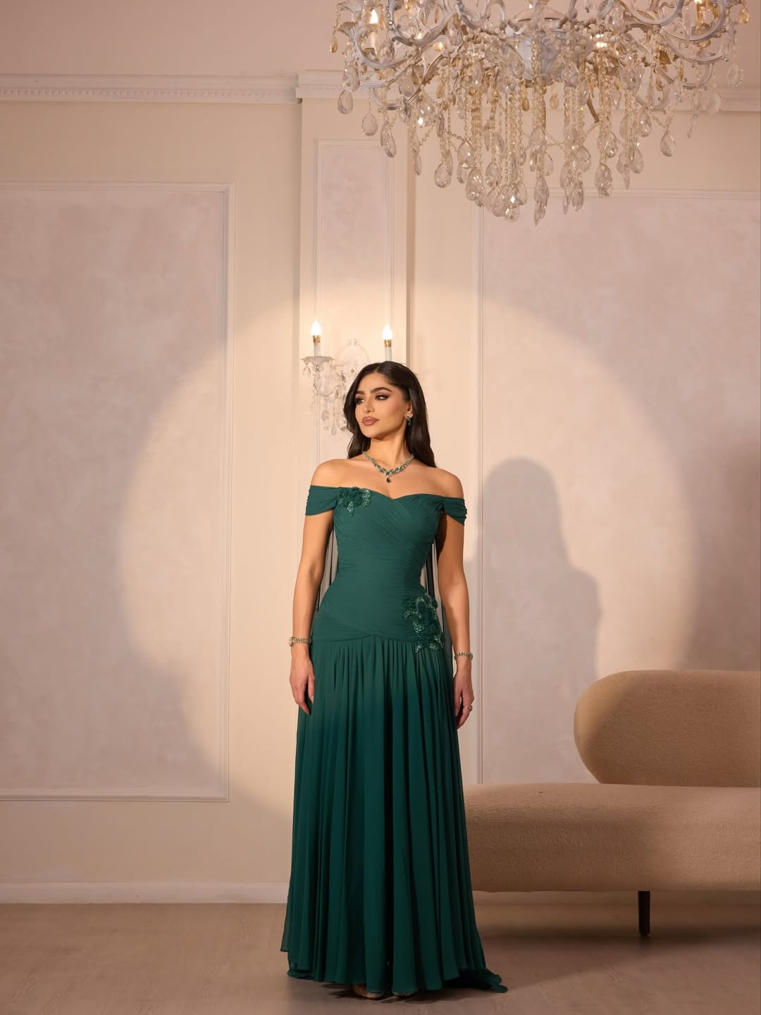 green pleated prom dress Glamorous Dark Off-The-Shoulder Applique With Train YK0801 VIEW ALL DRESSES
