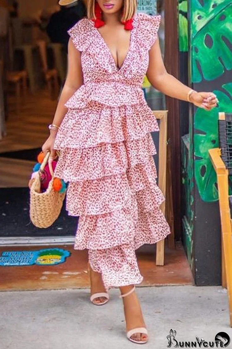 Pink Sweet Elegant Print Patchwork Flounce Fold V Neck Cake Skirt Dresses