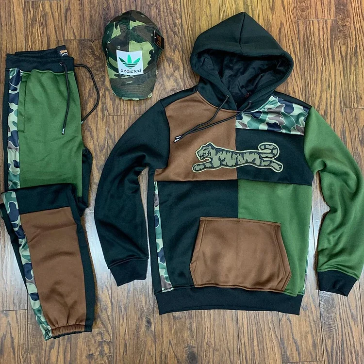 Green fashion camouflage Tiger Print Hooded Sweater Set