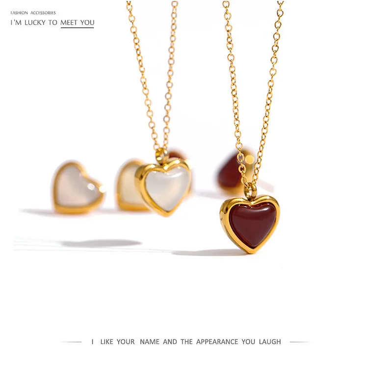 Carnelian Stone Heart Necklace&Earrings Set