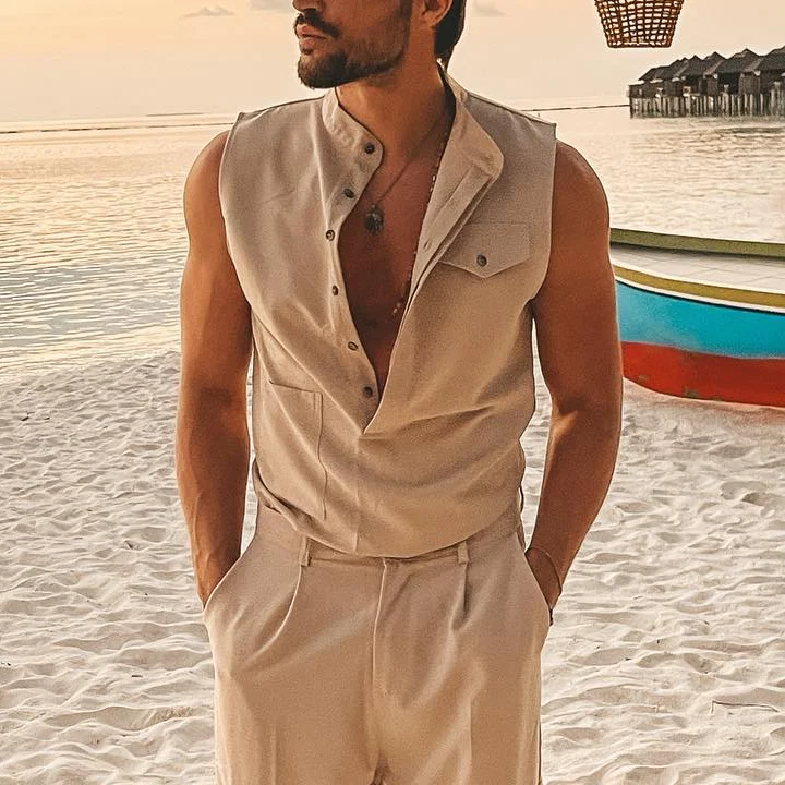 Men's Solid Color Sleeveless Beach Casual Shirt-inspireuse