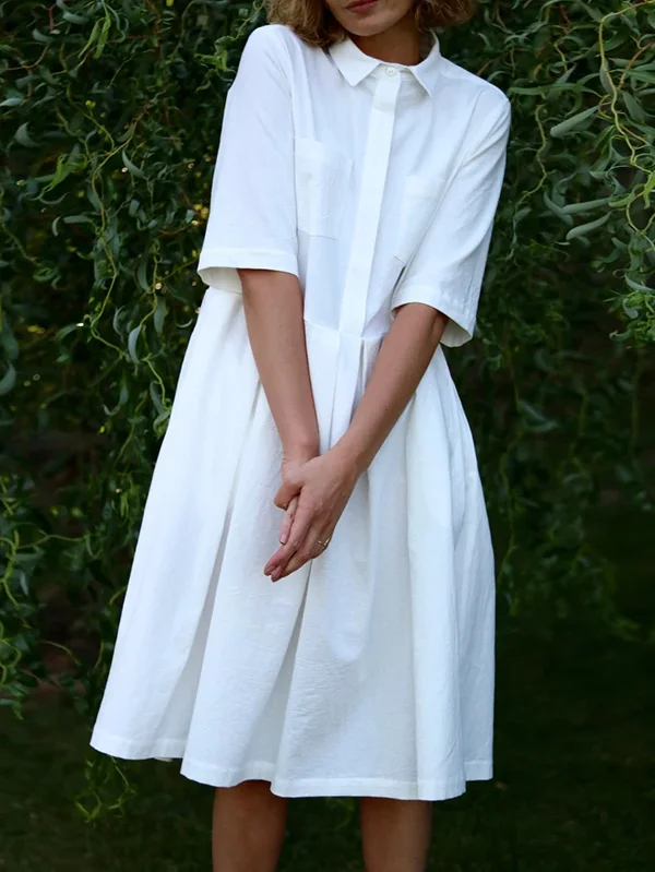 Office A-Line Half Sleeves Pure Color Lapel Midi Dresses