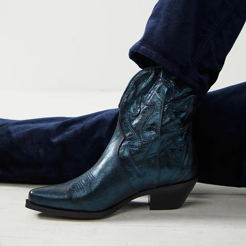 Dark Teal Pointed Toe Embroidered Booties Chunky Heel Cowgirl boots Nicepairs