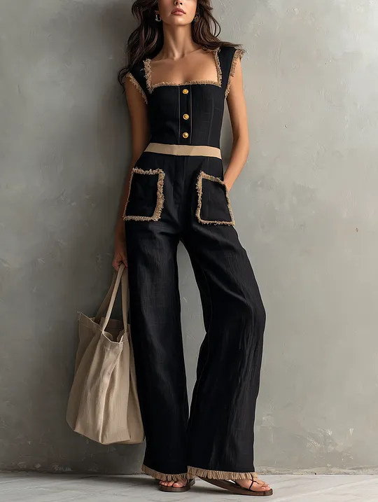 Women's Casual Black Cotton-Linen Sleeveless Jumpsuit With Wide Straps MD