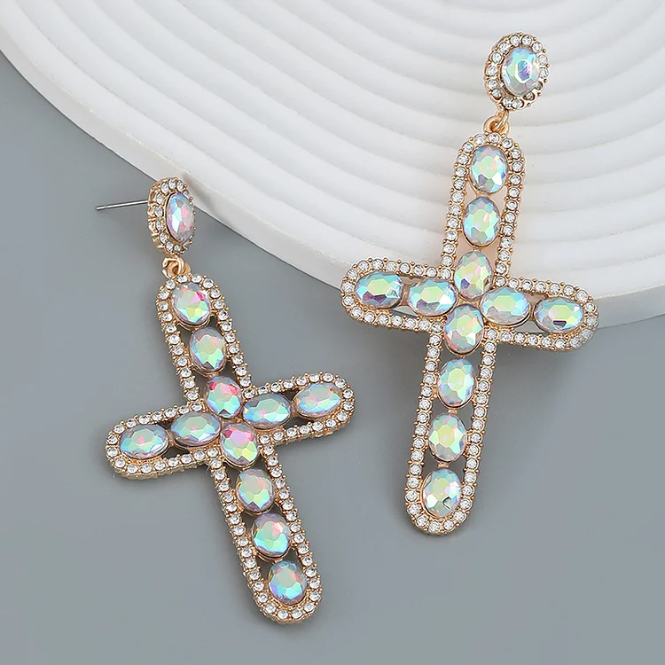 Boho Cross Rhinestone Earrings-White