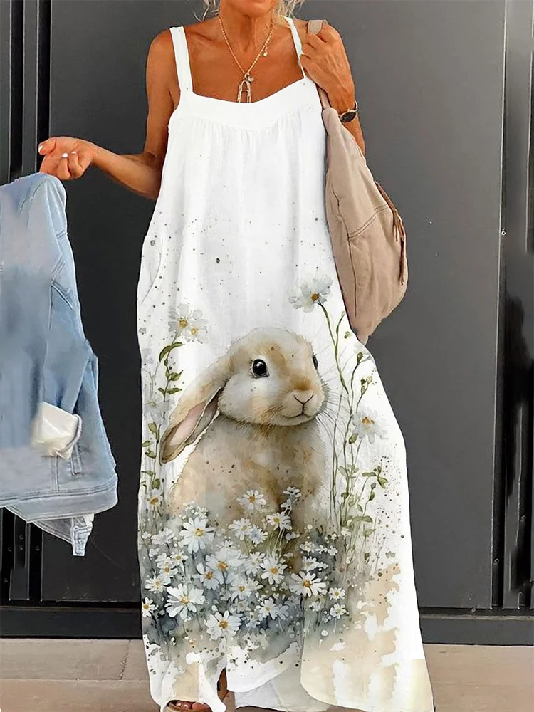 Women's Floral Rabbit Print Casual Suspender Dress socialshop