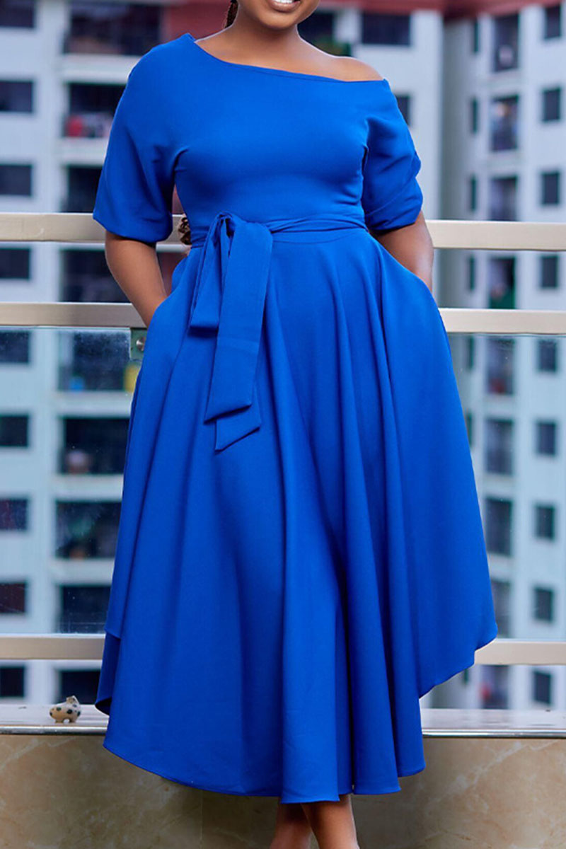 Plus Size Royal Blue Business Casual Round Neck Wrap Oblique Collar