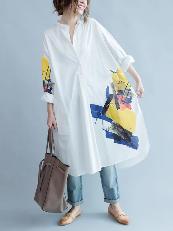 White Asymmetric Printed Split-Side Long Sleeves Shirt Dress