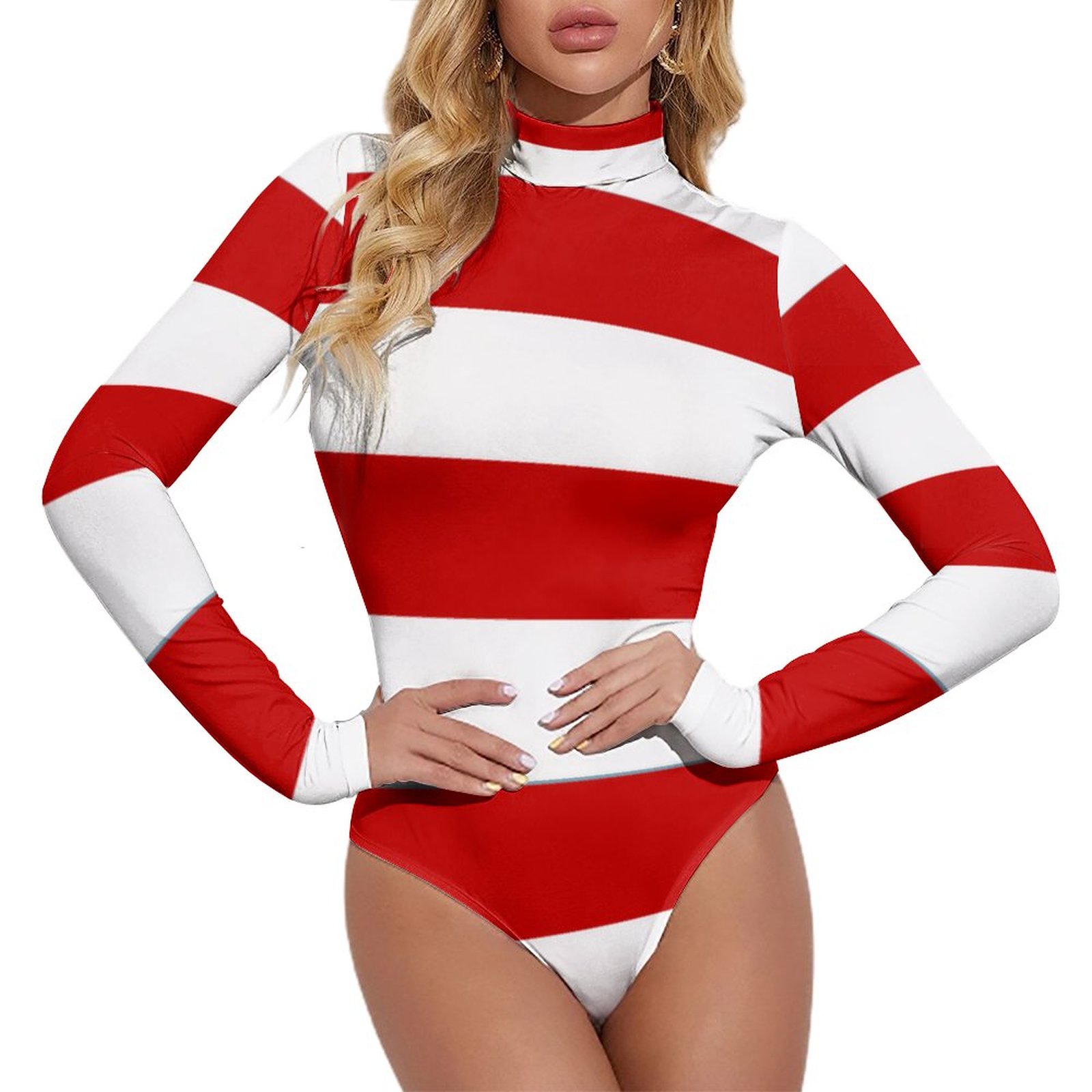 Modern Red White Stripes Geometric Women Mock Turtle Neck Long Sleeve Tops Bodysuit Slim Fit 2486