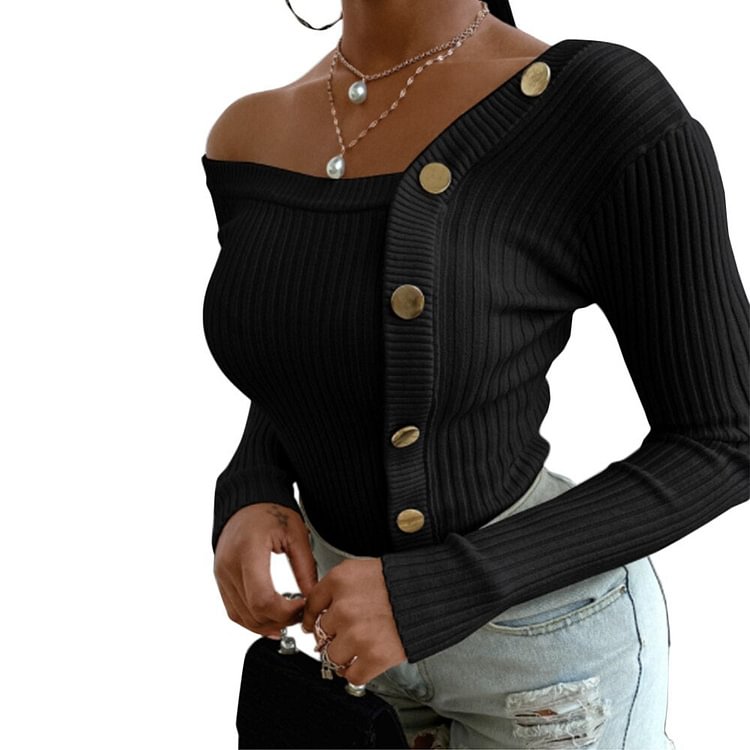 Women Autumn Knitted Slim Sweaters Solid Knitted Female Elastic Pullovers Button Full Sleeve Salsh Neck Sweater Jumper - BlackFridayBuys