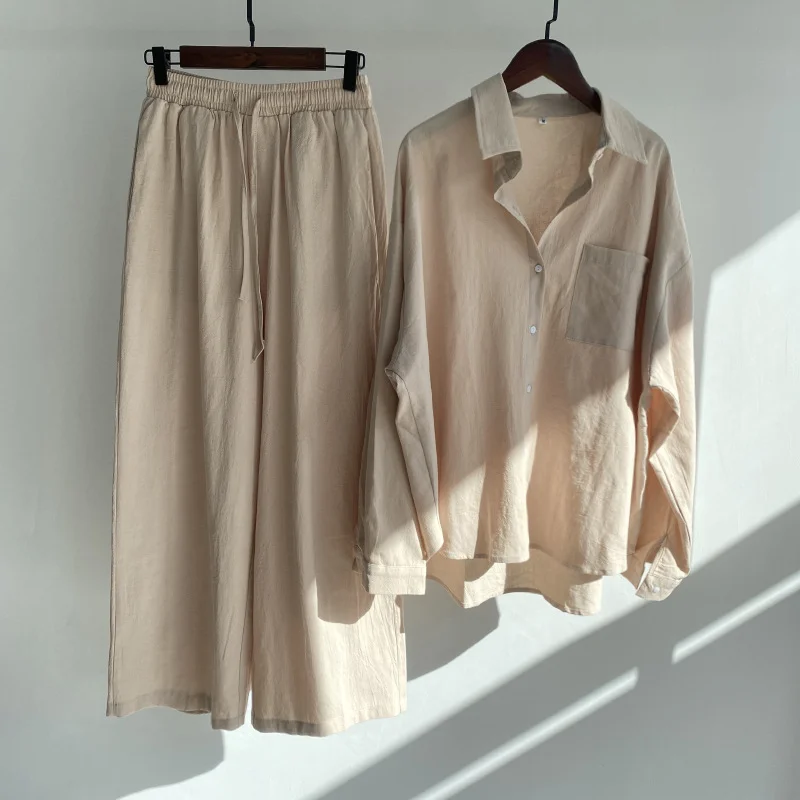 Women's Cotton Linen Shirt High Waist Loose Pants Set