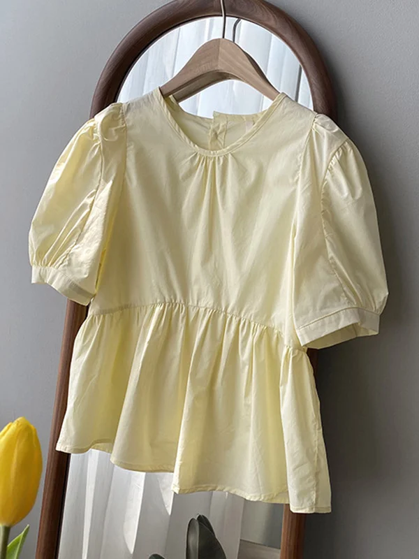 Pure Color Round-Neck Retro Puff Sleeve Doll Shirt