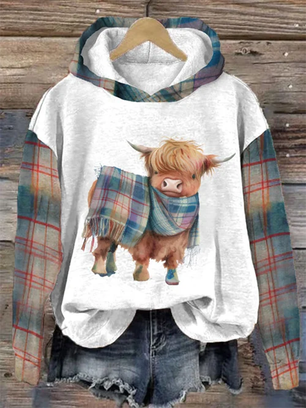 Women's Cute Highland Cow Print Plaid Pattern Casual Hoodie