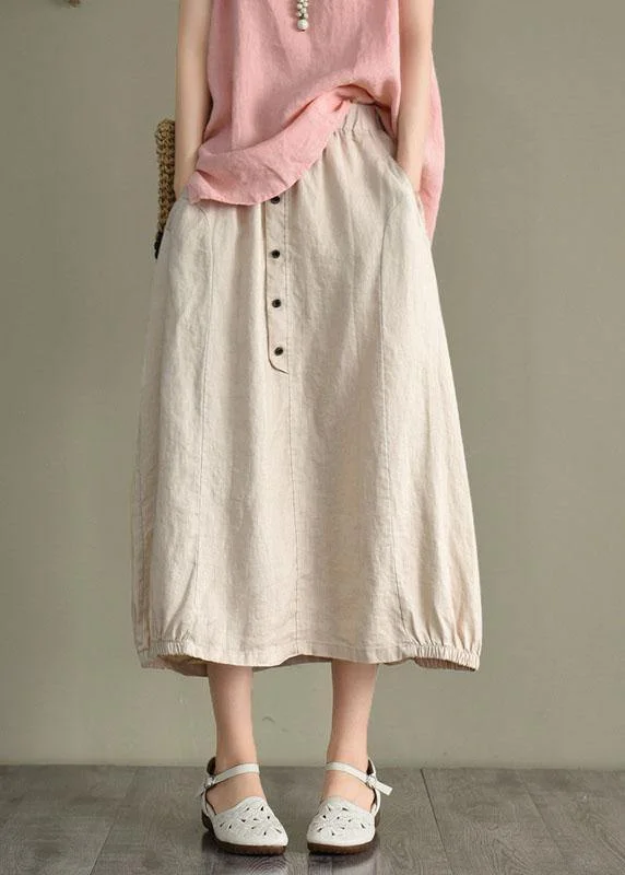 Vintage Beige Button A Line Summer Loose Skirts Linen