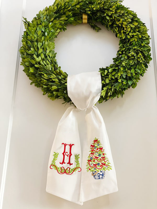Christmas tree chinoiserie pot embroidered Wreath Sash with optional