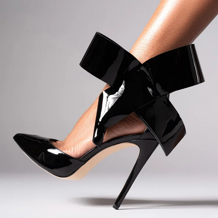 Black Patent Leather Ankle Strap Heels Pointed Toe Bow Pumps Shoes |FSJ Shoes