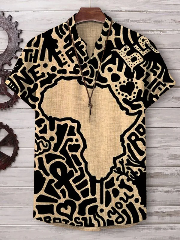 Men's Black Pride African Print Linen Blend V Neck T-Shirt