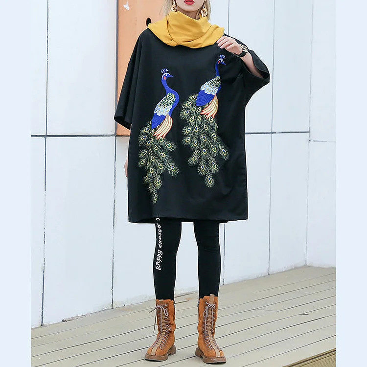 Organic black cotton box top Vintage design o neck patchwork Plus Size Clothing tops