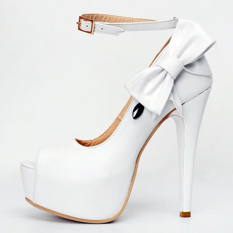 White Ankle Strap Heels Peep Toe Platform Pumps with Bow |FSJ Shoes