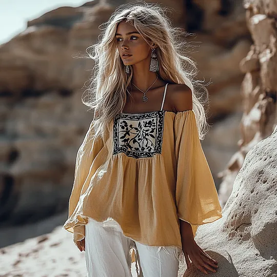 Bohemian Off-Shoulder Floral Embroidered Top for Women