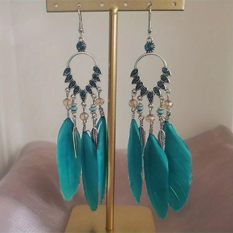 Bohemian Vintage Feather Dangle Earrings Ethnic Style Leaf Tassel Drop Earrings Women Fashion Jewelry Accessories
