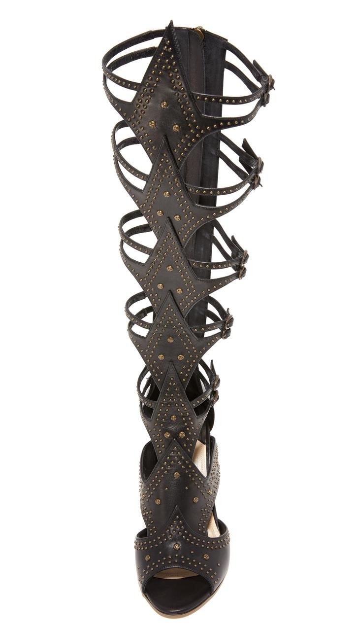 Women's Black Knee-high Stiletto Heel Gladiator Heels Sandals |FSJ Shoes
