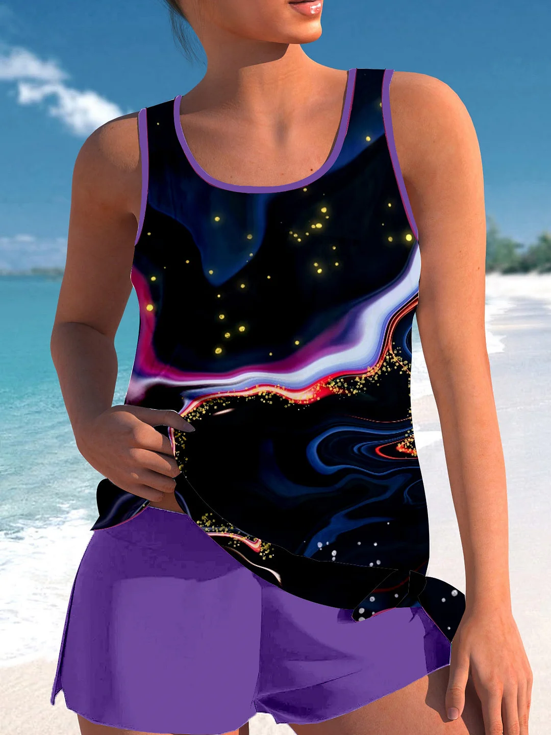 Bowknot Black Colorblock Polka Dot Printed Graphic Mid Waisted Tankini Set - Plus Size Available