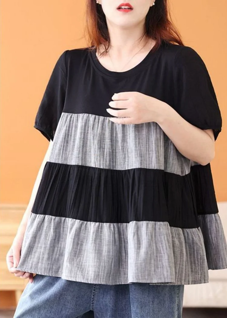 Handmade Black O-Neck Wrinkled Patchwork Top Short Sleeve