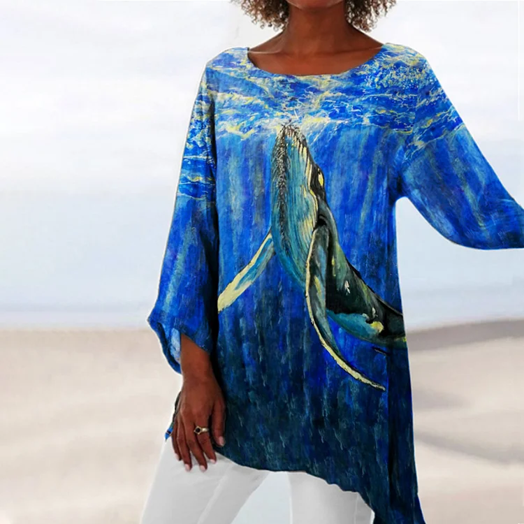 Vefave Whale Print Casual Crewneck Tunic