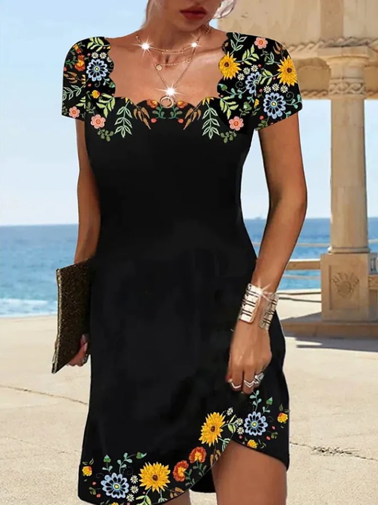 Comstylish Retro Floral Print Wave Neck Mini Dress
