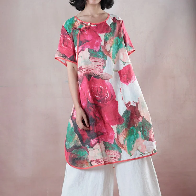 vintage red Midi-length linen t shirt Loose fitting shirts boutique half sleeve print O neck Chinese Button linen blouses