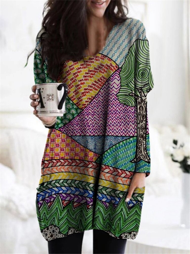 Multi color Print Long Sleeve V neck Blouse For Women P1737538