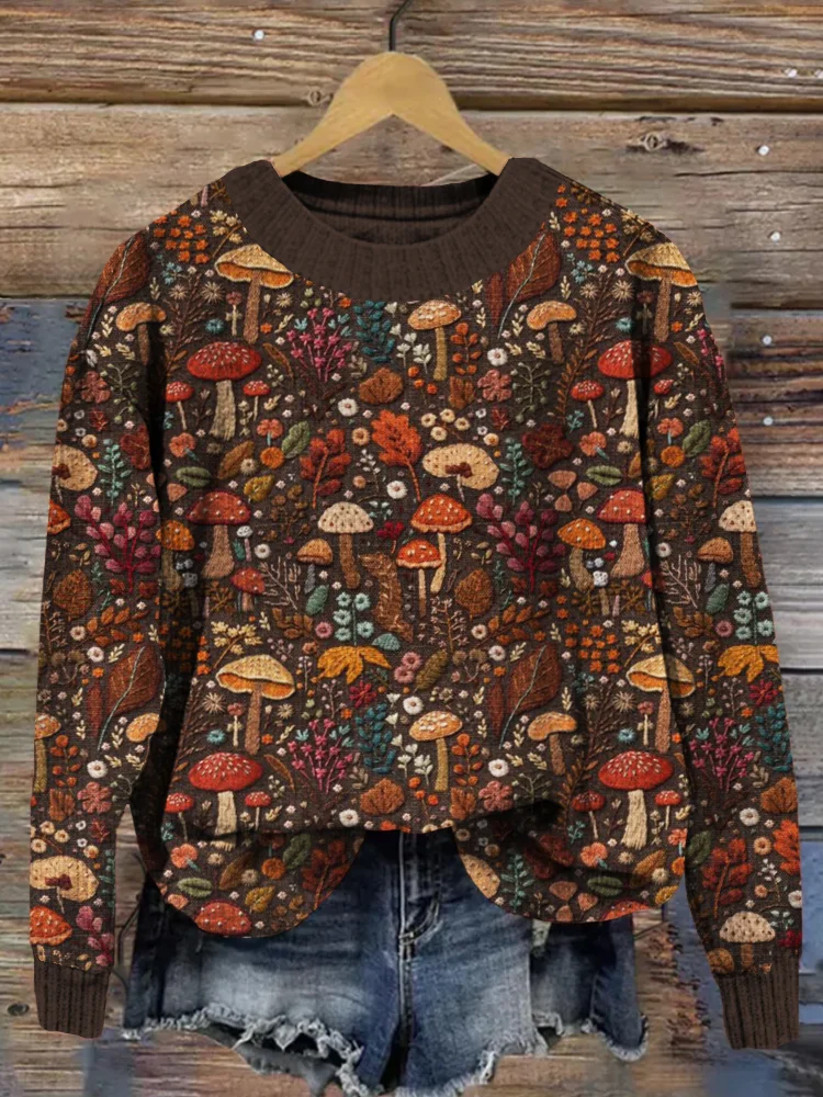 VChics Floral and Mushroom Embroidery Art Knit Sweater