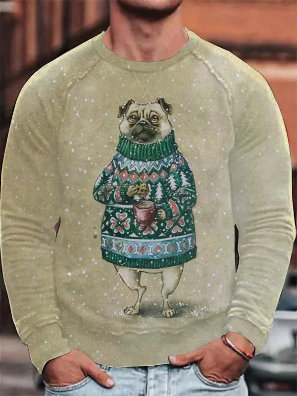 Men's Snowflake Clothing Coffee Dog Graphic Print Sweatshirt