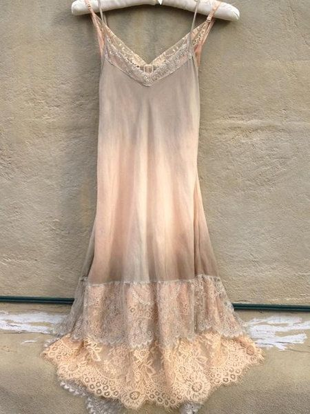 Cotton Linen Lace Gradient Color Casual Suspender Dress