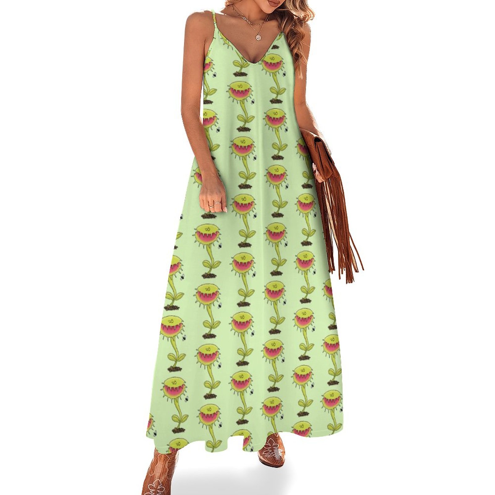 Funny Carnivorous Venus Fly Trap Plant Cartoon Women's Casual Strappy V Neck Sleeveless Flowy Loose Long Maxi Beach Dress Sundress Plant-5XL