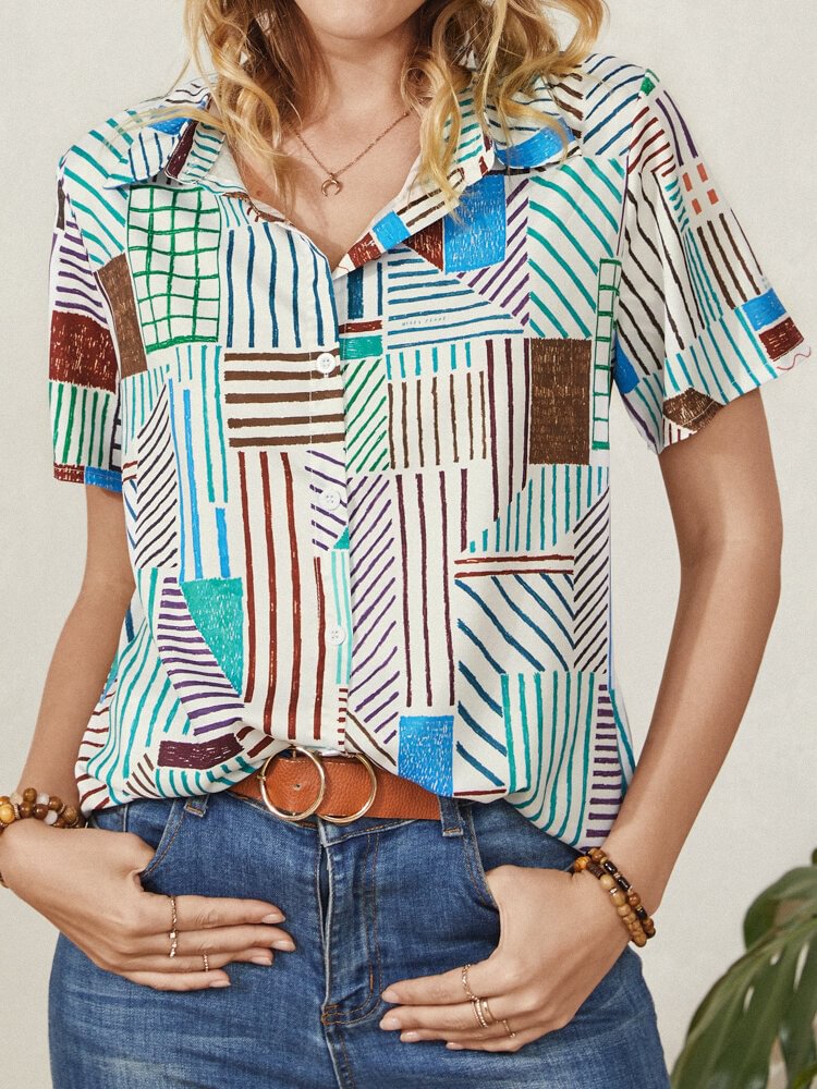 Stripe Geometric Print Lapel Short Sleeve Button Blouse For Women P1834640
